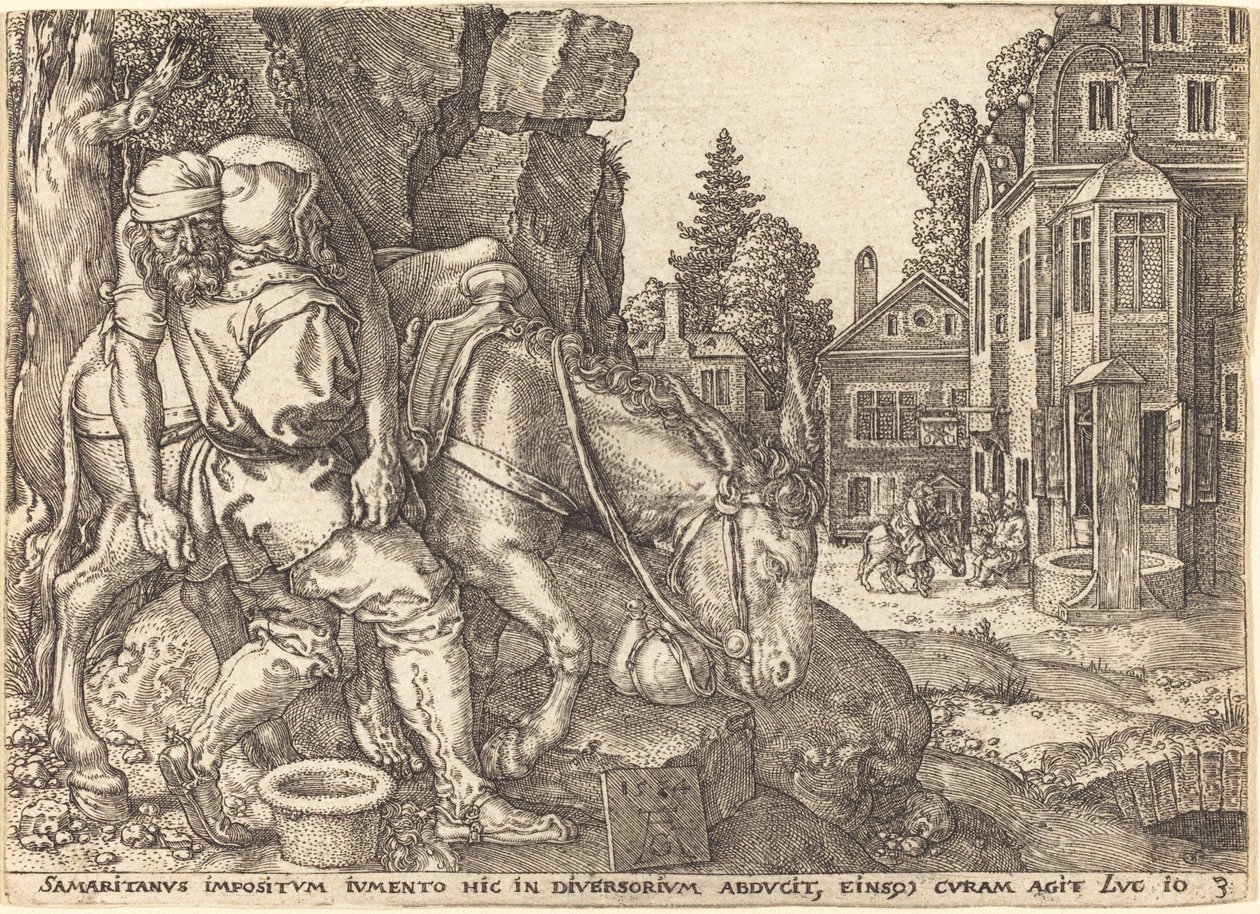 Az irgalmas szamaritánus, aki öszvérre helyezi az utazót, 1554. alkotó: Heinrich Aldegrever