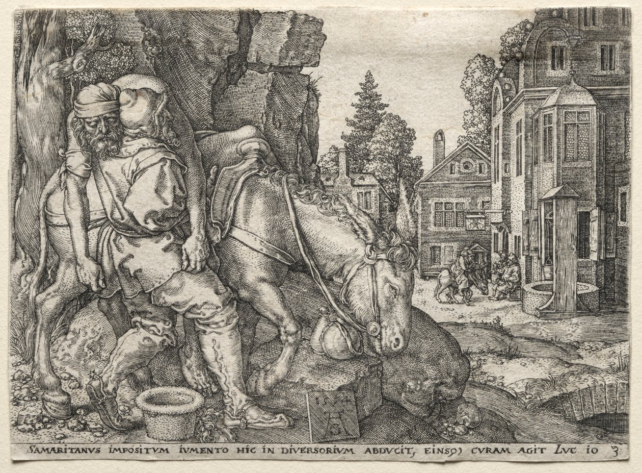 Példabeszéd az irgalmas szamaritánusról: Az irgalmas szamaritánus, aki szamárra ülteti az utazót, 1554. alkotó: Heinrich Aldegrever