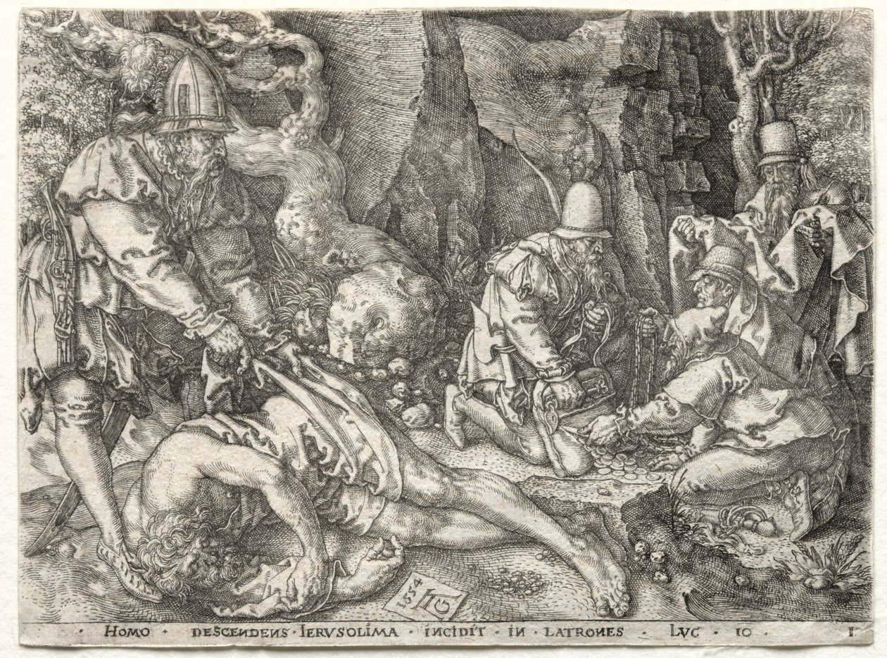 Példabeszéd az irgalmas szamaritánusról: A rablók megtámadják az utazókat, 1554. alkotó: Heinrich Aldegrever