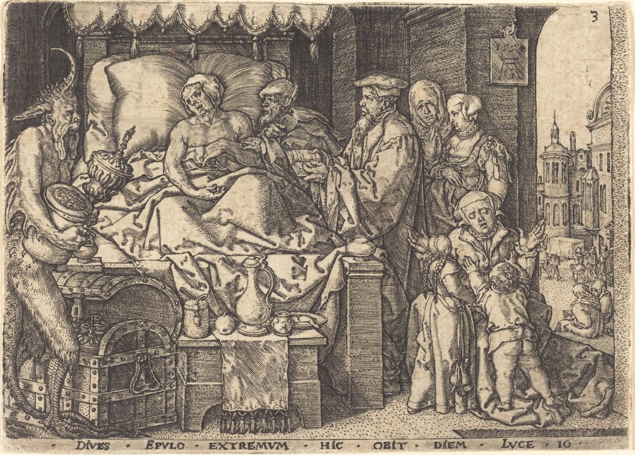 A gazdag ember halálos ágyán, 1554. alkotó: Heinrich Aldegrever