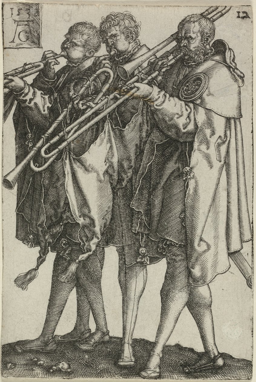 Három harsonaművész, tizenkettes lemez a The Large Wedding-Dancers-től alkotó: Heinrich Aldegrever