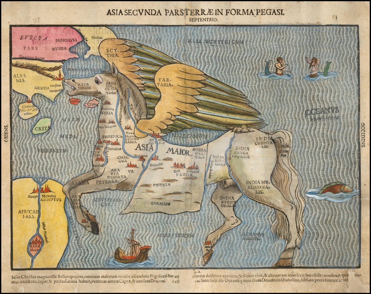 Ca. Heinrich Bünting 1581-es képes térképe, amely Ázsiát Pegazusként ábrázolja. alkotó: Heinrich Bünting