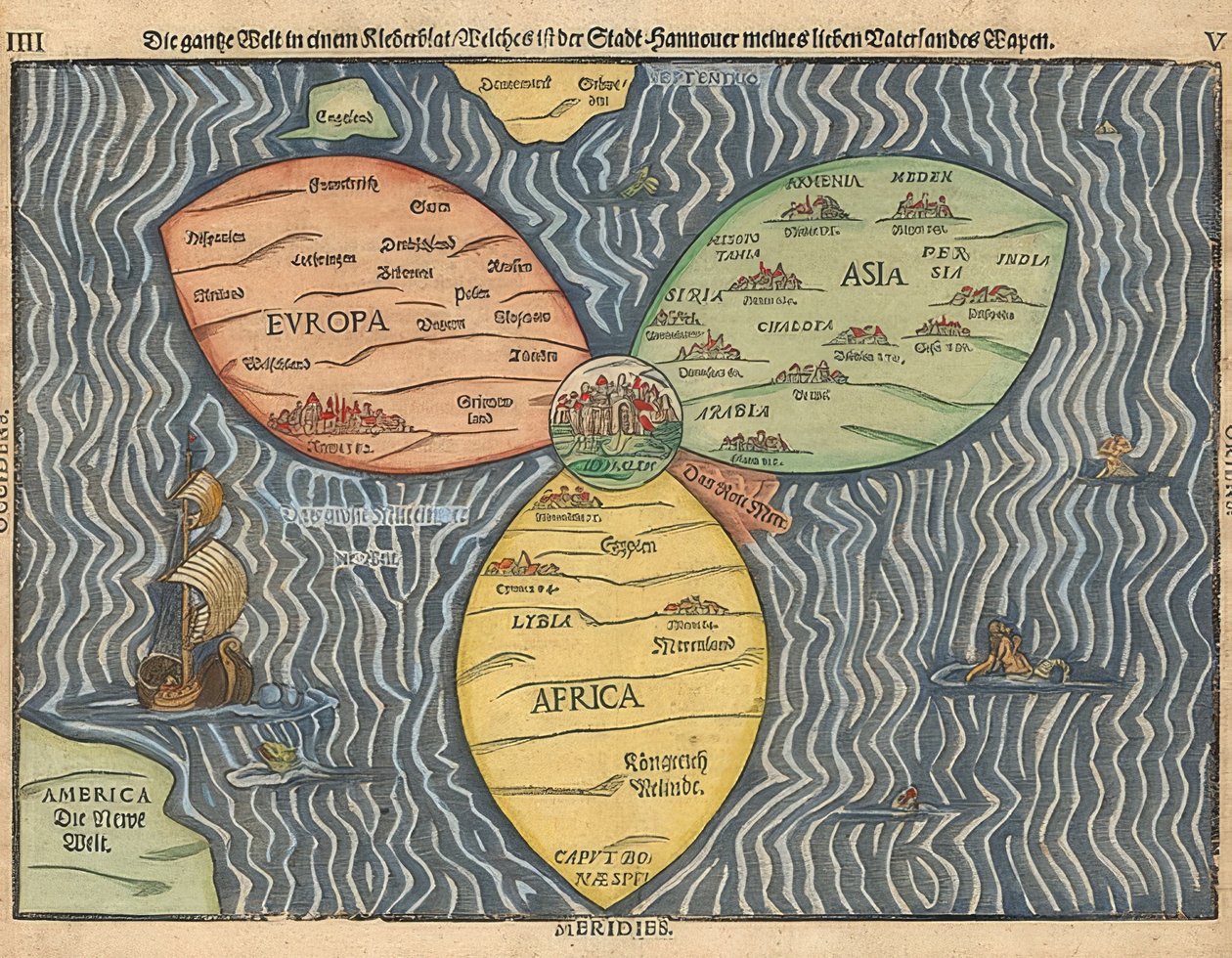 A világ három kontinense lóhere formájában, Jeruzsálemmel a középpontban. 1581 alkotó: Heinrich Bünting