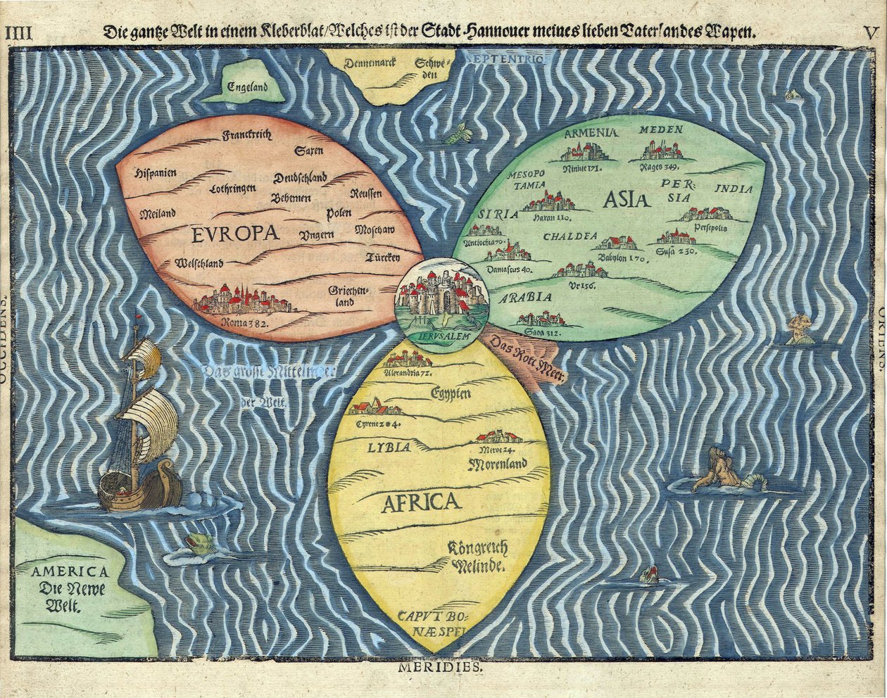 A három kontinens, Jeruzsálem a világ közepén, Heinrich Buntig (Buentig) (1545-1606) alkotó: Heinrich Buntig