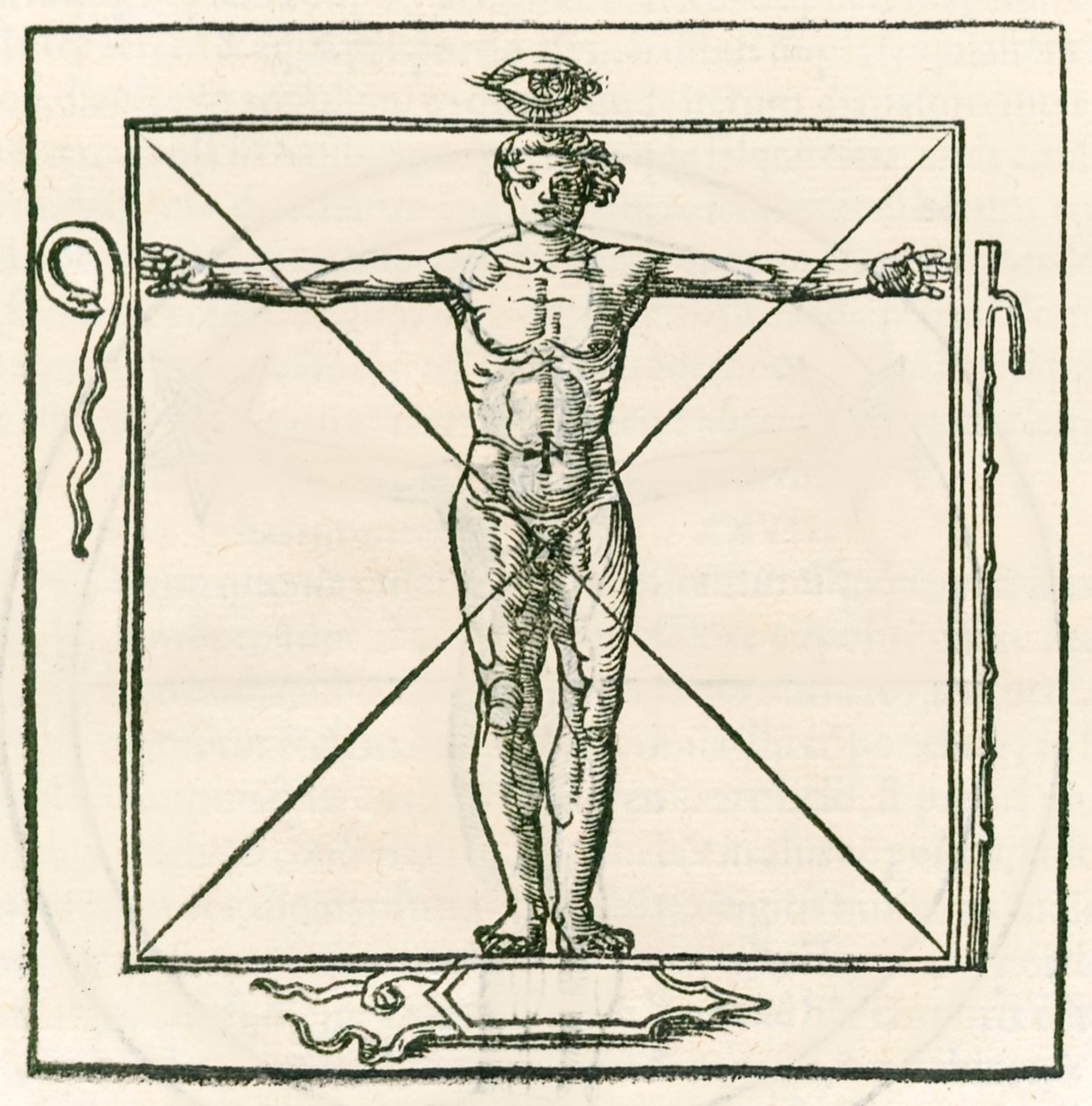 Férfi egy téren, körülvéve a szem, a kígyó, a hét részleggel és a pajzs szimbólumaival. Metszet Heinrich Cornelius Agrippa von Nettesheimtől (1486-1535) De occulta philosophia libri tres (Három B alkotó: Heinrich Cornelius Agrippa von Nettesheim