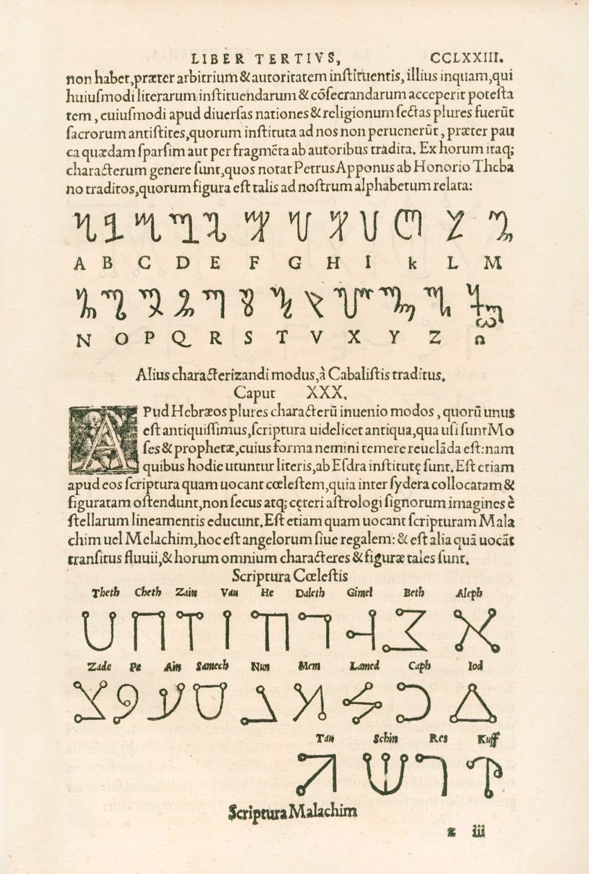 Thébai ábécé (becsületbeli ábécé vagy Honorius rúnái) és égi ábécé (Scriptura Malachim vagy angyali írás) Metszet Heinrich Cornelius Agrippa von Nettesheimtől (1486-1535) De occul alkotó: Heinrich Cornelius Agrippa von Nettesheim