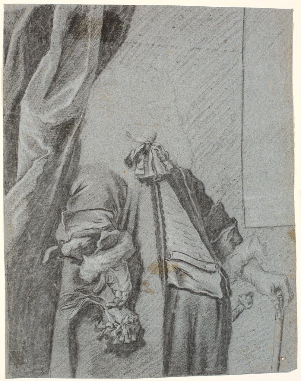 Tanulmány egy férfi portréhoz, 3/4 figura, jobb kéz, kezében kesztyű, oldalt támasztva, bal kéz botra támasztva alkotó: Heinrich Dittmers
