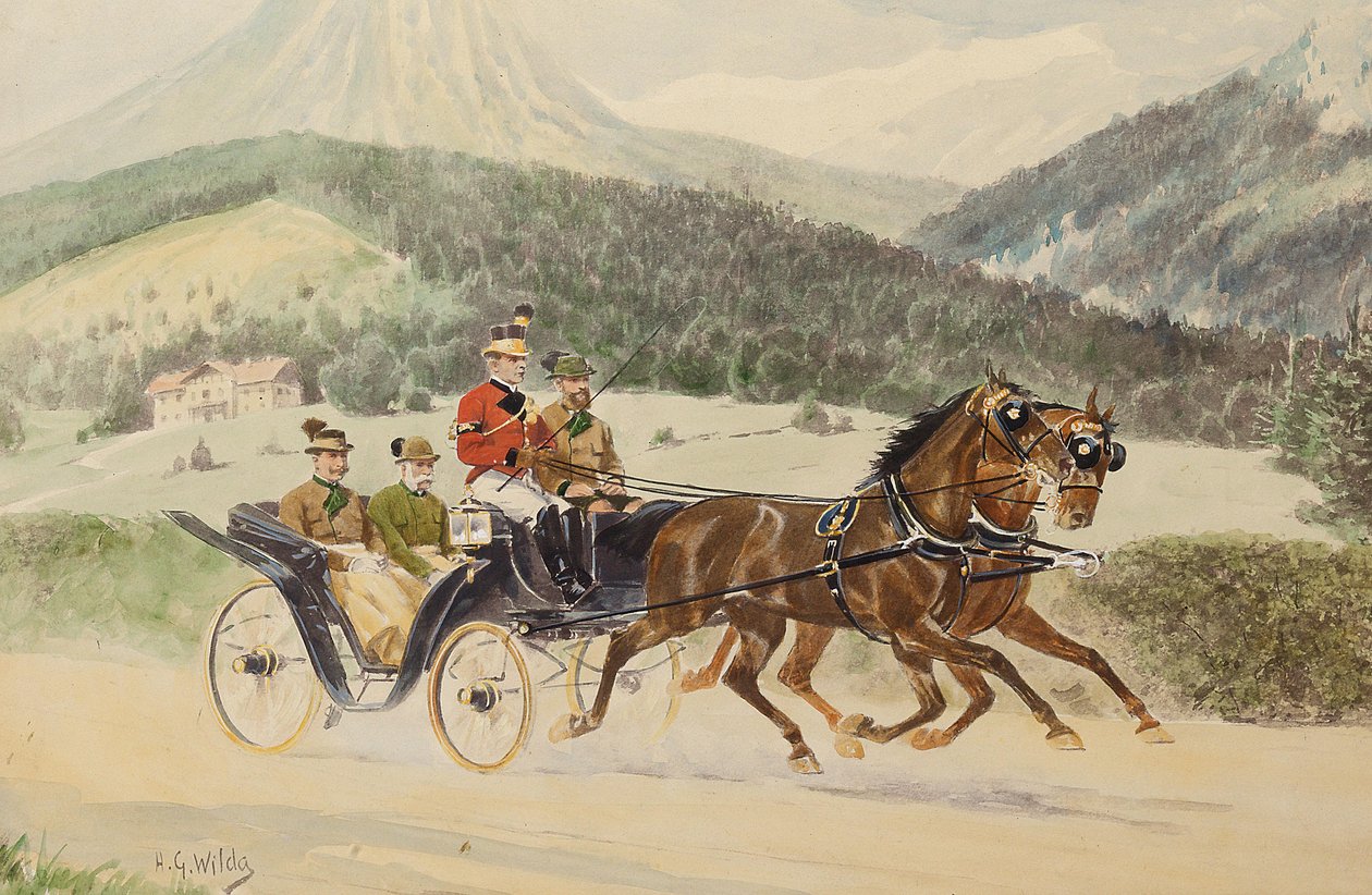 I. Ferenc József osztrák császár és Ferenc Ferdinánd főherceg hintón, 1900-1910. alkotó: Heinrich Gottfried Wilda