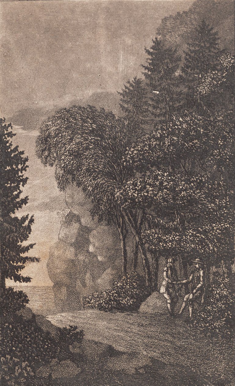 Táj sziklákkal és nagy fákkal, t.h. két férfi alkotó: Heinrich Grosch