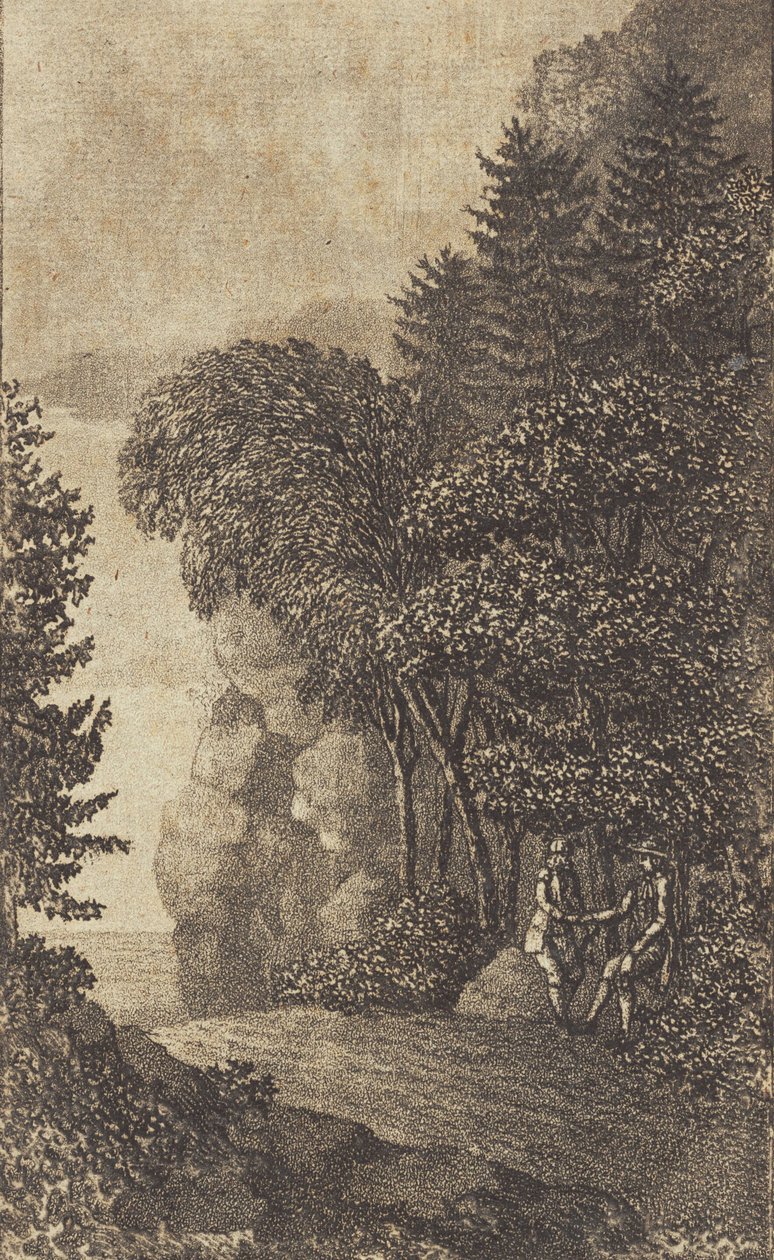 Táj sziklákkal és nagy fákkal, t.h. két férfi alkotó: Heinrich Grosch