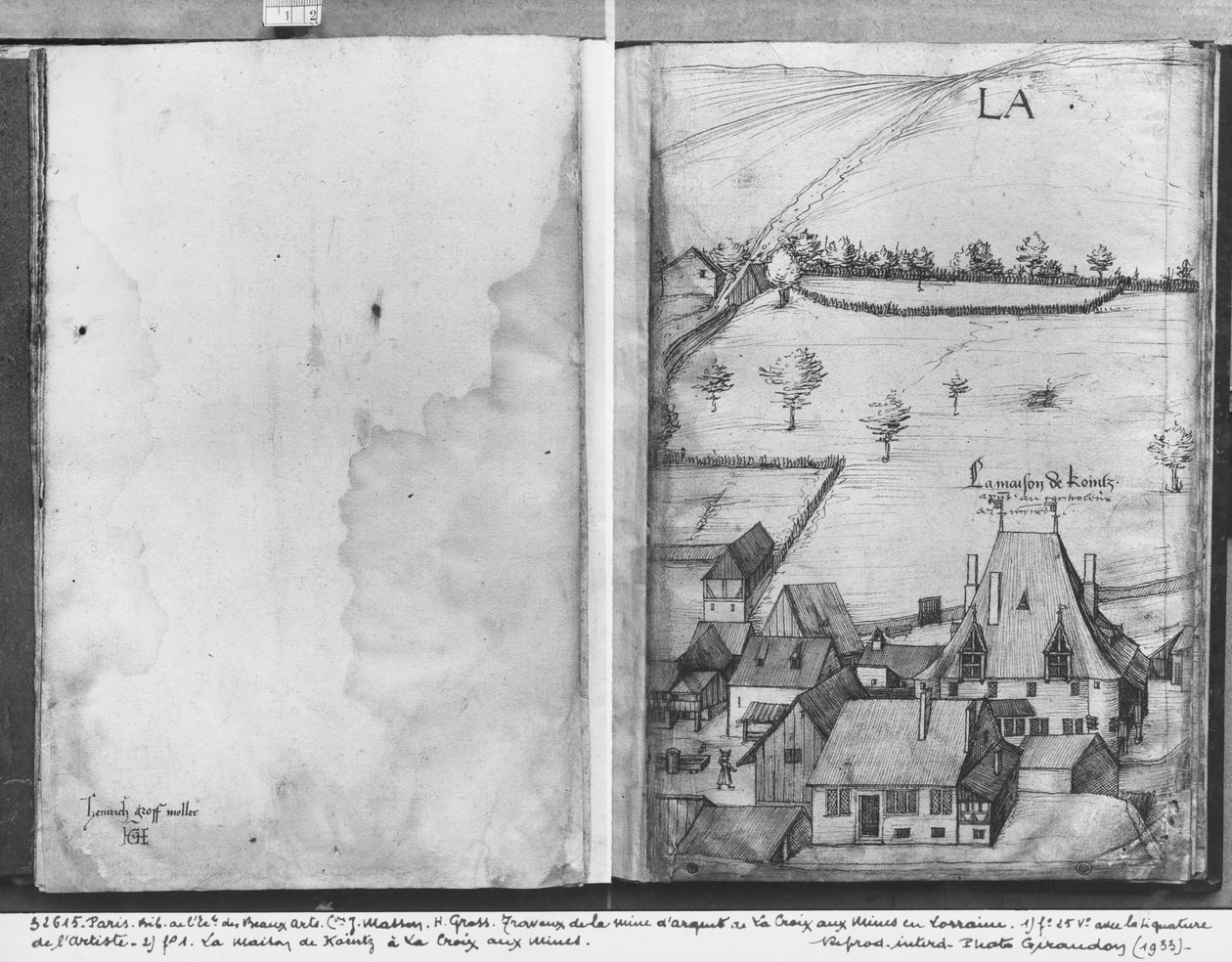 Fol.1 La Croix-aux-Mines falu, Lorraine. Kointz, a bányaellenőr háza és fol.25v, a művész aláírása, 1530 körül (toll, tinta és wc papíron) alkotó: Heinrich Gross or Groff