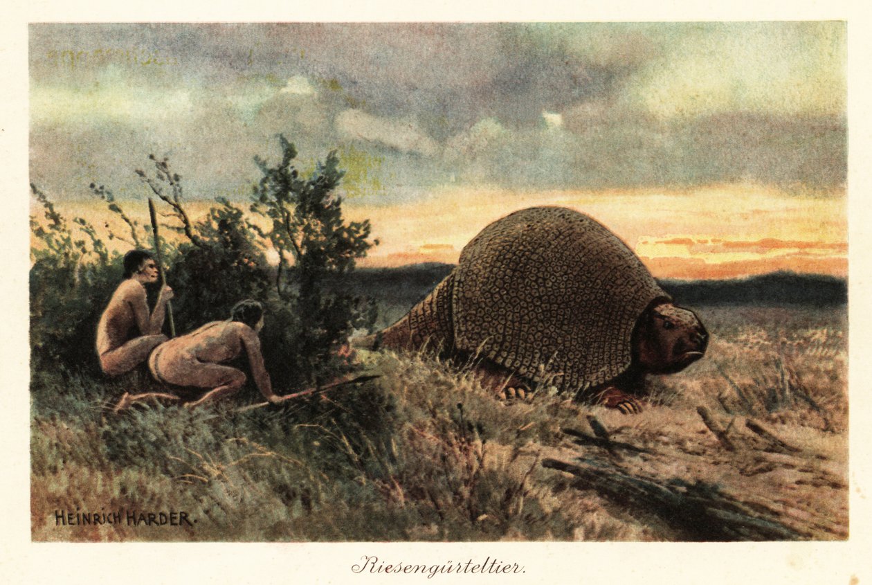 Primitív férfiak lándzsákkal, akik glyptodonra vadásznak. alkotó: Heinrich Harder