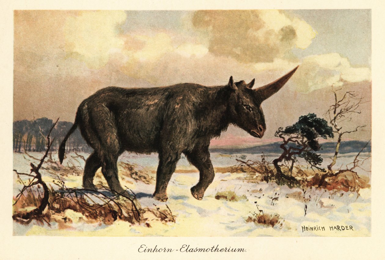 Szibériai egyszarvú, Elasmotherium sibiricum, havas síkságon. alkotó: Heinrich Harder