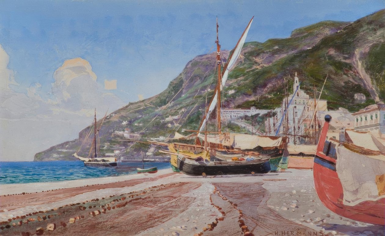 Amalfi, halászhajók a tengerparton / H.Hermanns akvarellje alkotó: Heinrich Hermanns