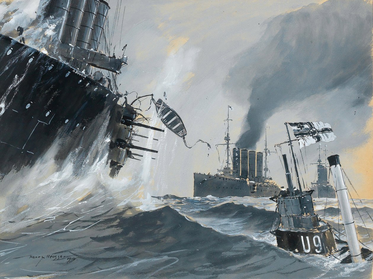 Tengeralattjárók és hadihajók: HMS Aboukir utazásai, Hogue és Cressy, 1914. alkotó: Heinrich Heusser