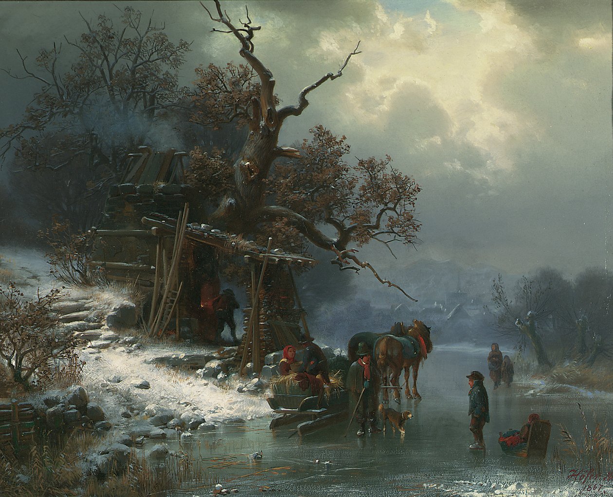 Téli táj alakokkal a befagyott folyón, 1867 alkotó: Heinrich Hofer