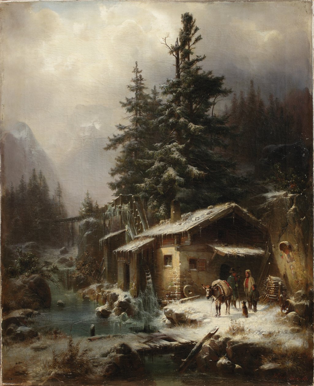 Téli táj egy vízimalom mellett pihenő alakokkal, 1866 alkotó: Heinrich Hofer