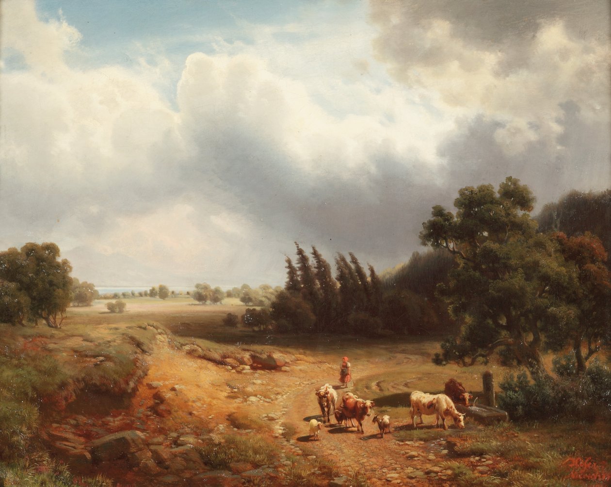 Erdős táj pásztorlánnyal és jószágaival, 1862 alkotó: Heinrich Hofer
