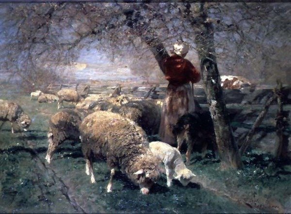 Pásztorlány és bárány a tájon; alkotó: Heinrich Johann von Zugel