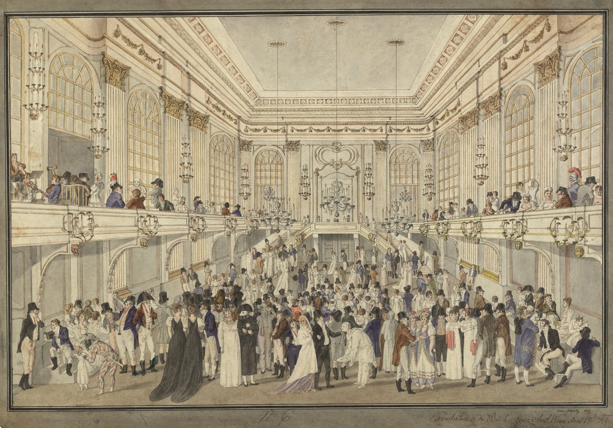 Álarcosbál a bécsi Hofburg Redoutensaaljában, c. 1815. alkotó: Heinrich Joseph Schütz