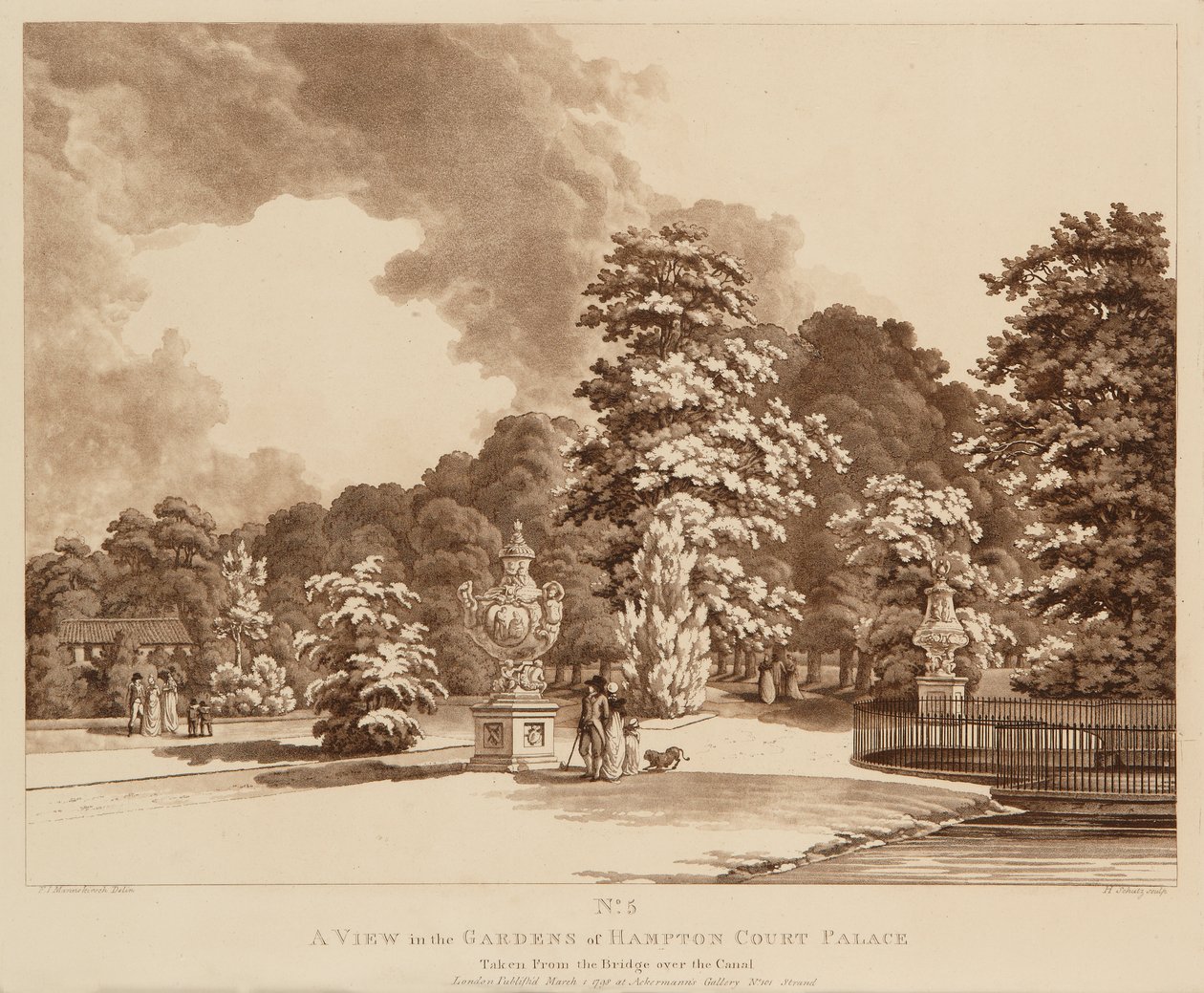 Kilátás a Hampton Court Palace kertjére (rézkarc és akvatinta) alkotó: Heinrich Joseph Schuz