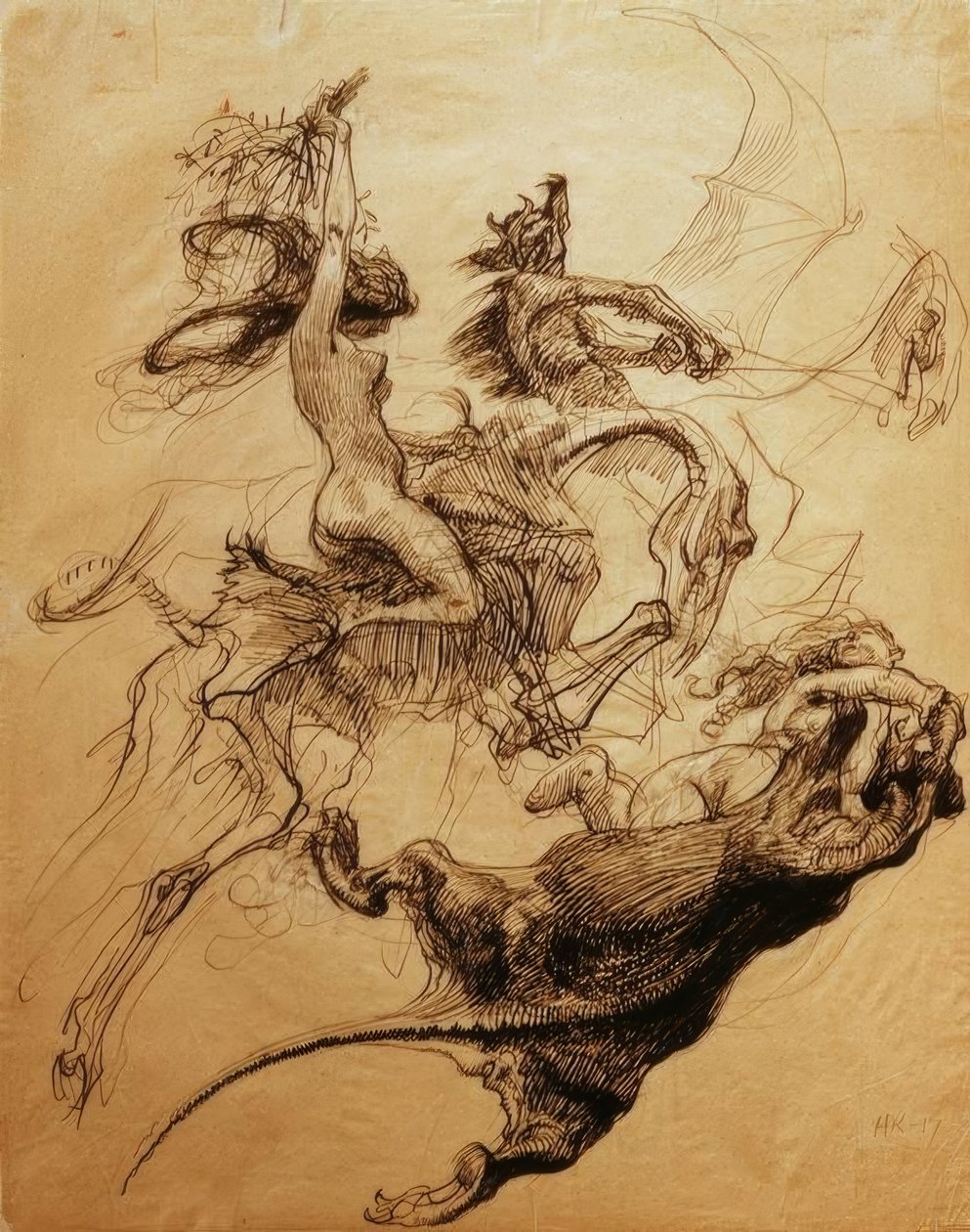 Meztelen nő csontvázon és ördög lovaglás pterodactyl alkotó: Heinrich Kley