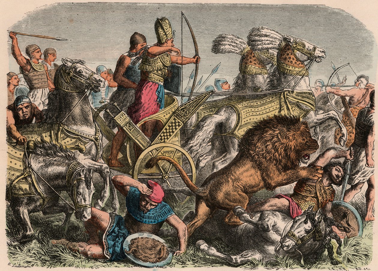 Az ókori Egyiptom: II. Ramszesz fáraó harcol a hettita hadsereg oroszlánjai ellen Kádesben, ie 1274, 1866 alkotó: Heinrich Leutemann