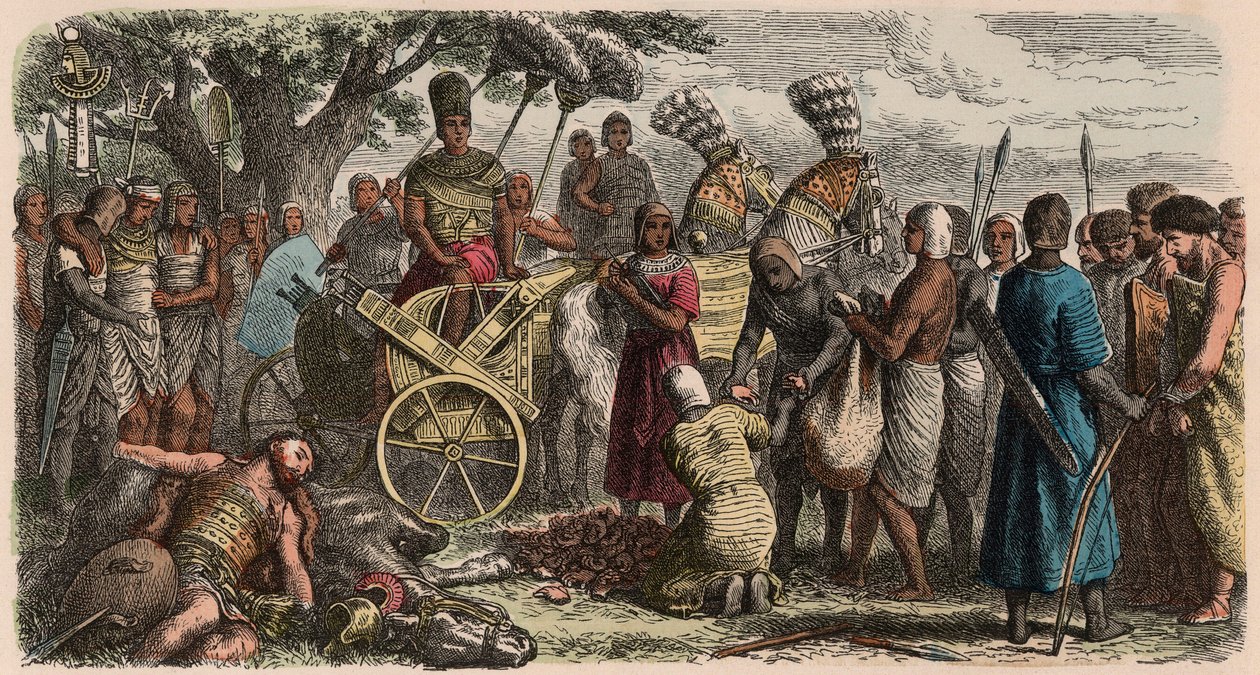 Az ókori Egyiptom: a foglyokat a győztes II. Ramszesz fáraó elé vitték, hogy levágják a kezüket, 1866 alkotó: Heinrich Leutemann