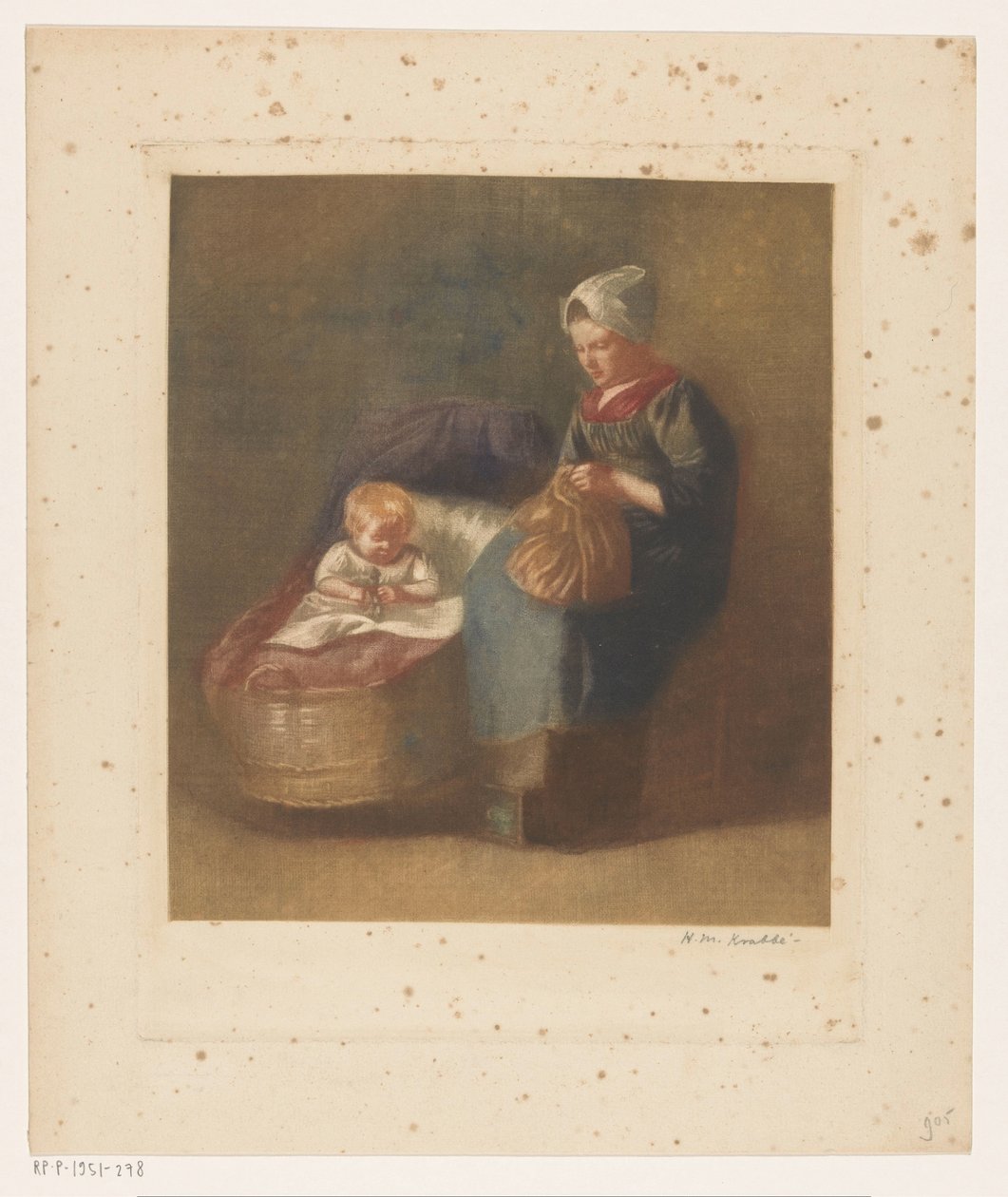 Kézműves nő mellett egy gyermek egy kiságy alkotó: Heinrich M. Krabbé (signed by artist)