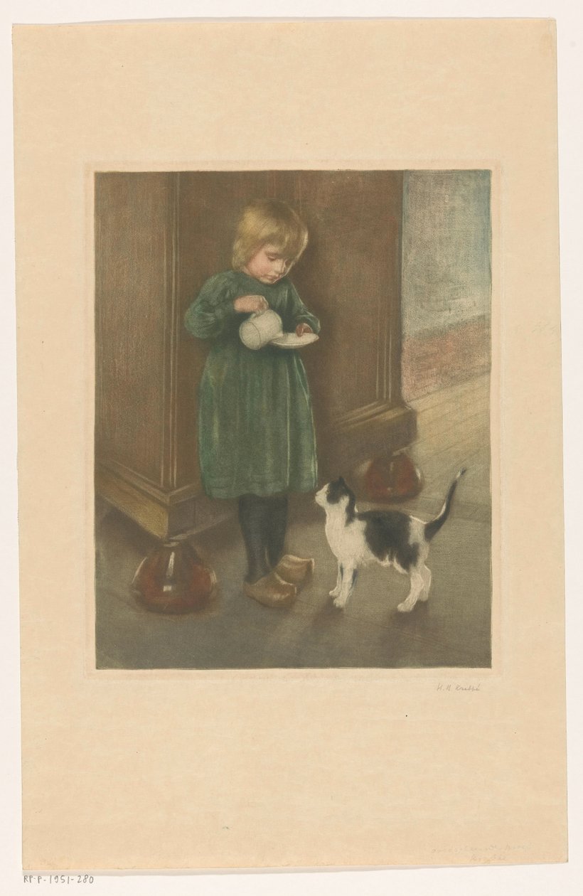 Lány etet egy macskát alkotó: Heinrich M. Krabbé (signed by artist)