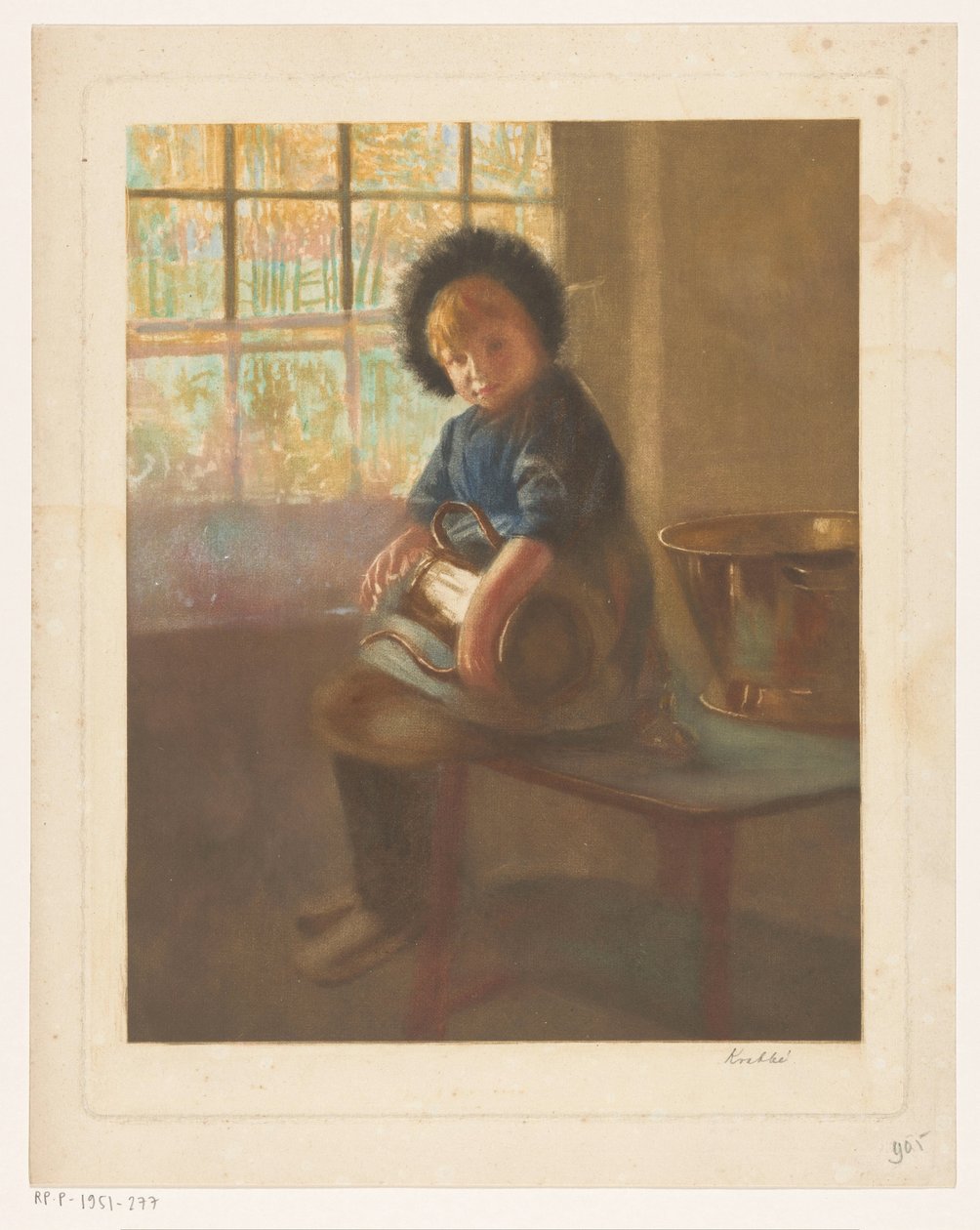 Lány egy rézkancsót fényesít alkotó: Heinrich M. Krabbé (signed by artist)