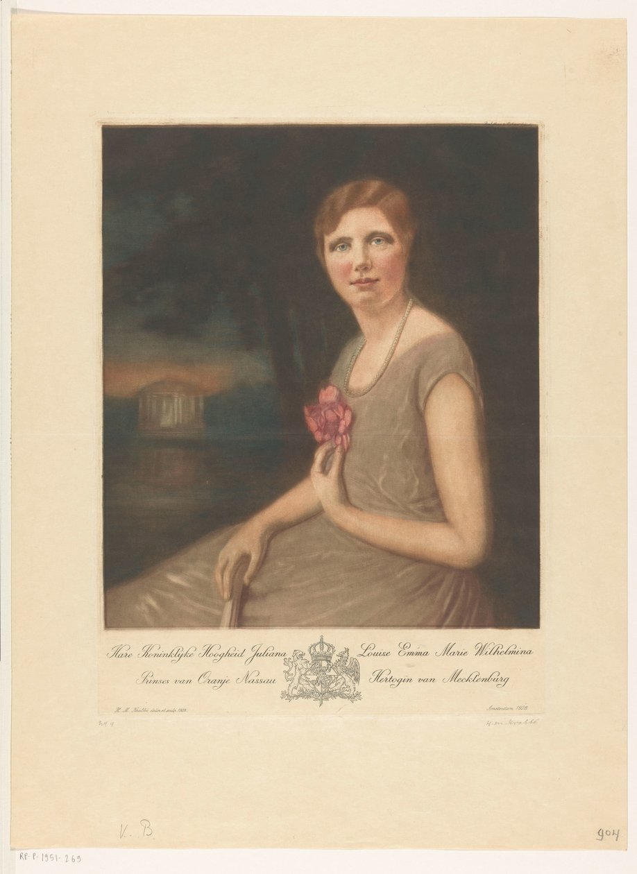 Juliana hercegnő portréja Ő Királyi Fensége Juliana Louise Emma Marie Wilhelmina, Orange Nassau hercegnője, Mecklenburg hercegnője (cím a tárgyon) alkotó: Heinrich M. Krabbé (signed by artist)