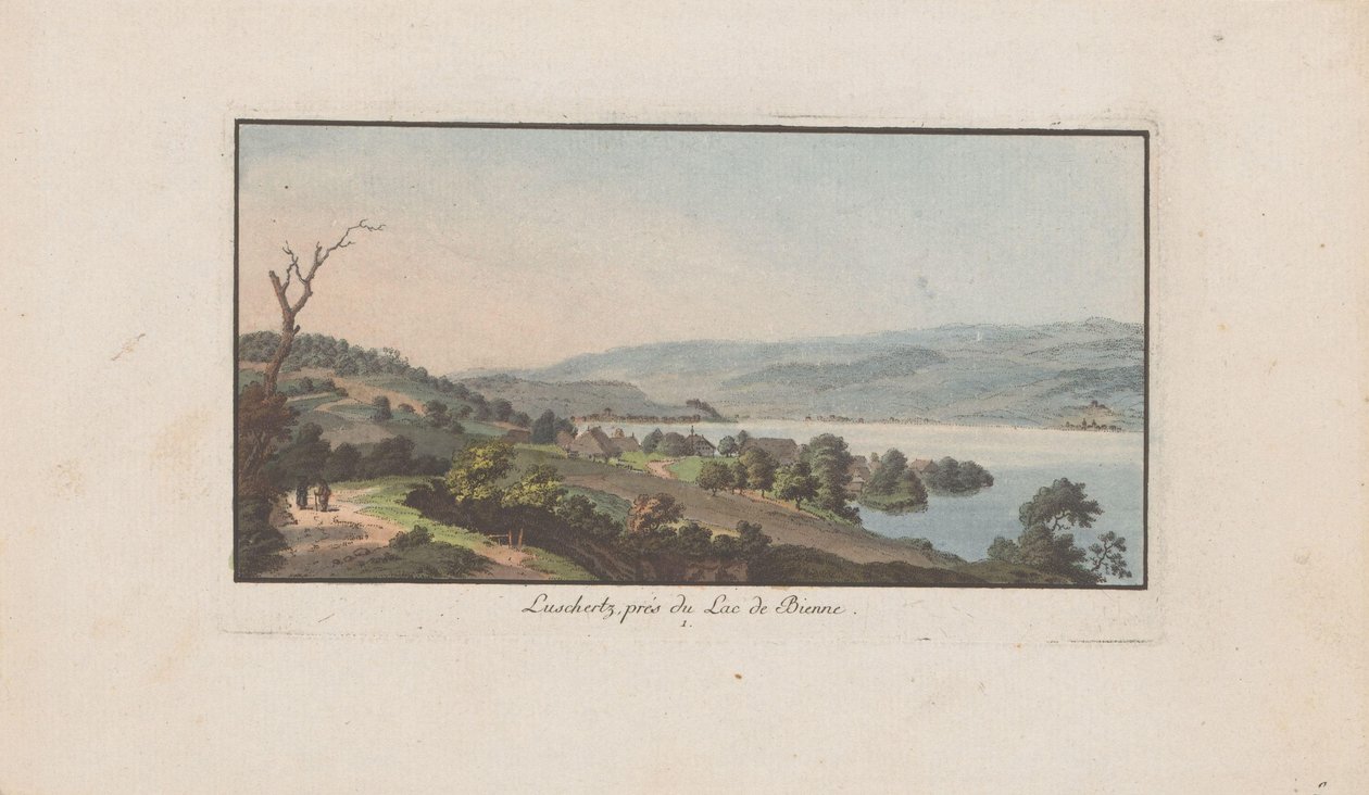 Kilátás Lüscherzre a Bielersee-n Luschertz, Lac de Bienne közelében (cím az objektumon) Svájci tájak (sorozat címe) Néhány nézőpont gyűjteménye Svájcban (sorozat címe) alkotó: Heinrich Rieter