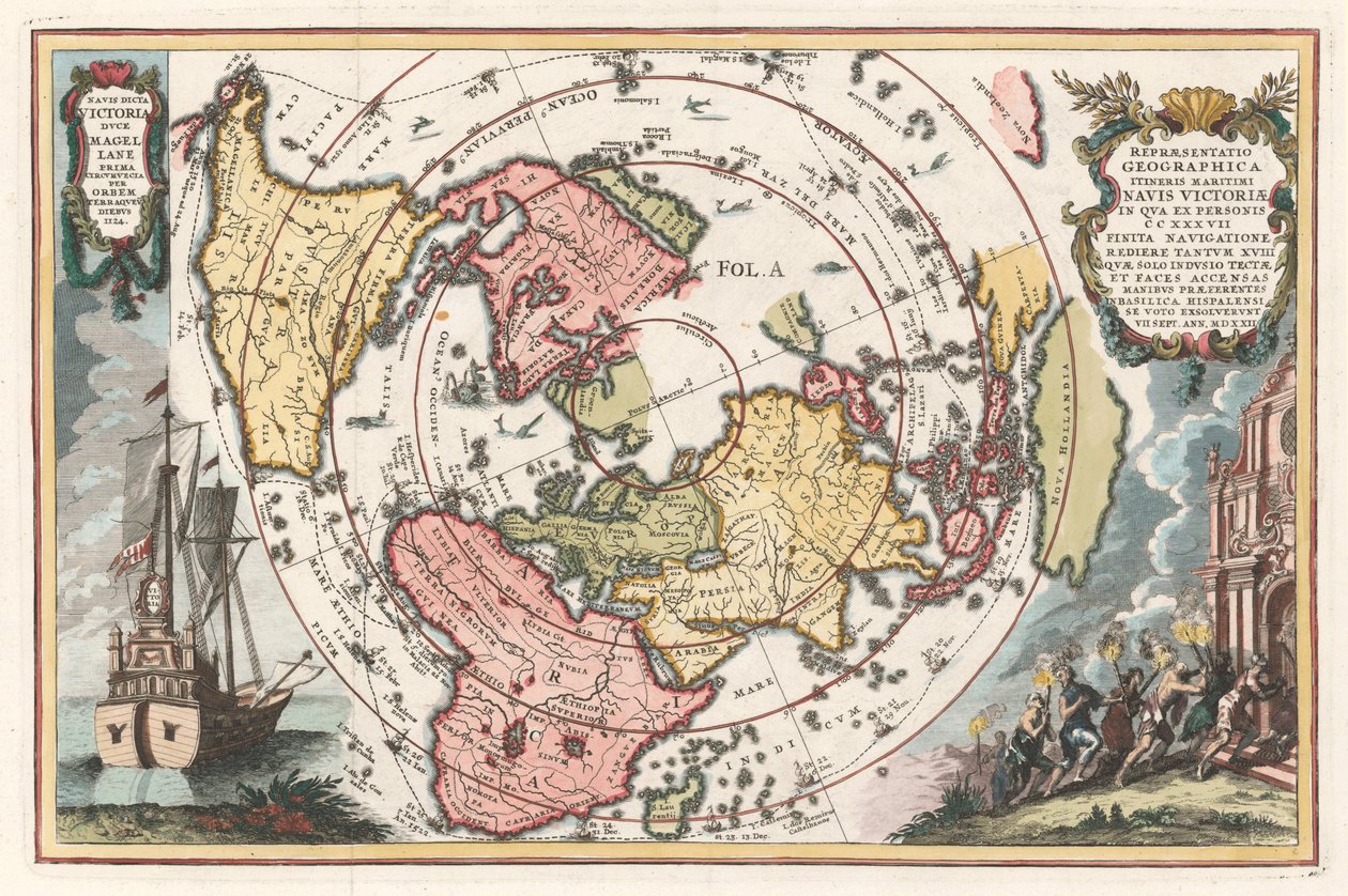 Világtérkép Magellán körülhajózásával Scherer Atlas novusából, 1702-1703 alkotó: Heinrich Scherer