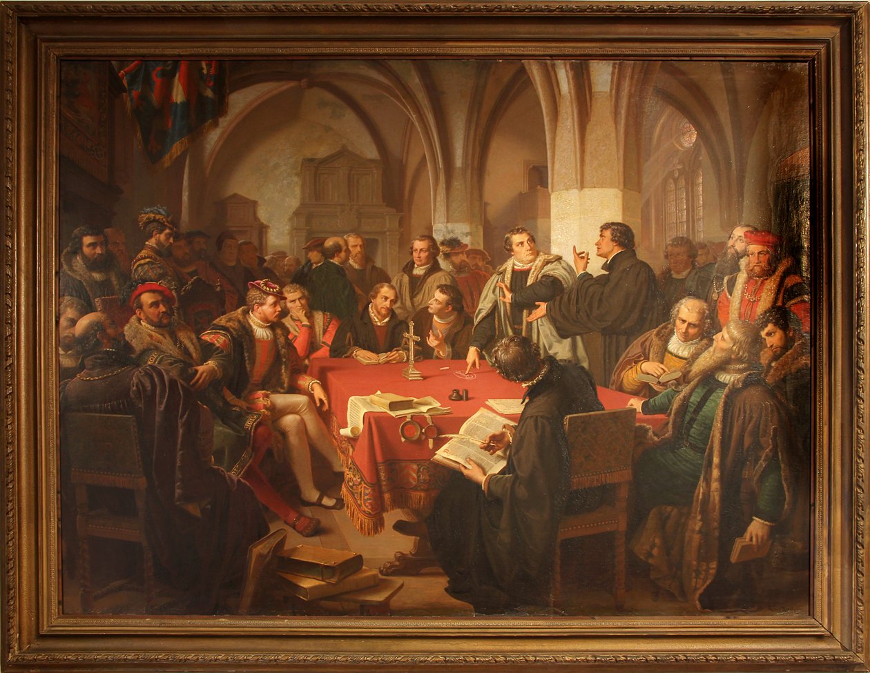 August Noack vallási párbeszéd a marburgi kastélyban 1869 keretben alkotó: Heinrich Stürzl