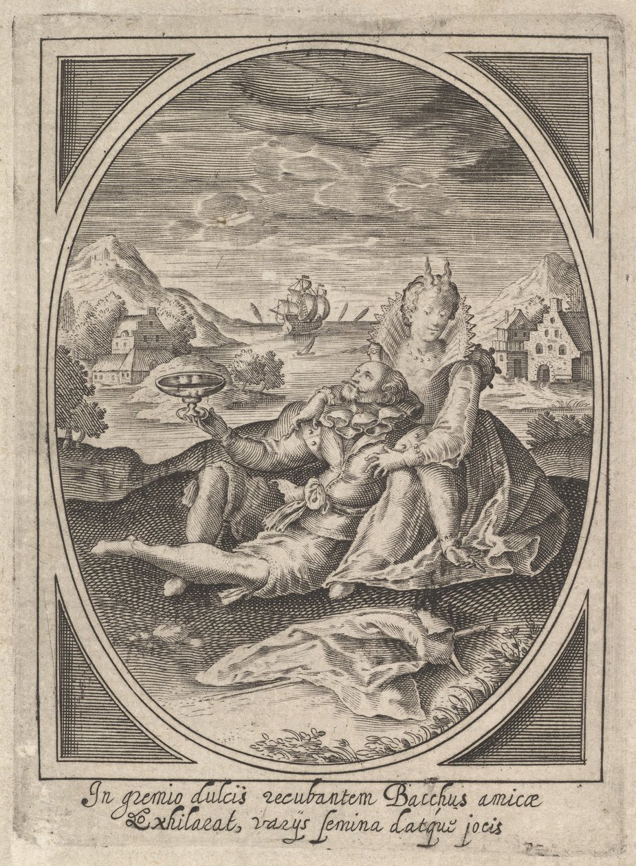 Egy pár ül a földön, a férfi serleget tart, és nekidőlt a..., kb. 1585-1621. alkotó: Heinrich Ulrich