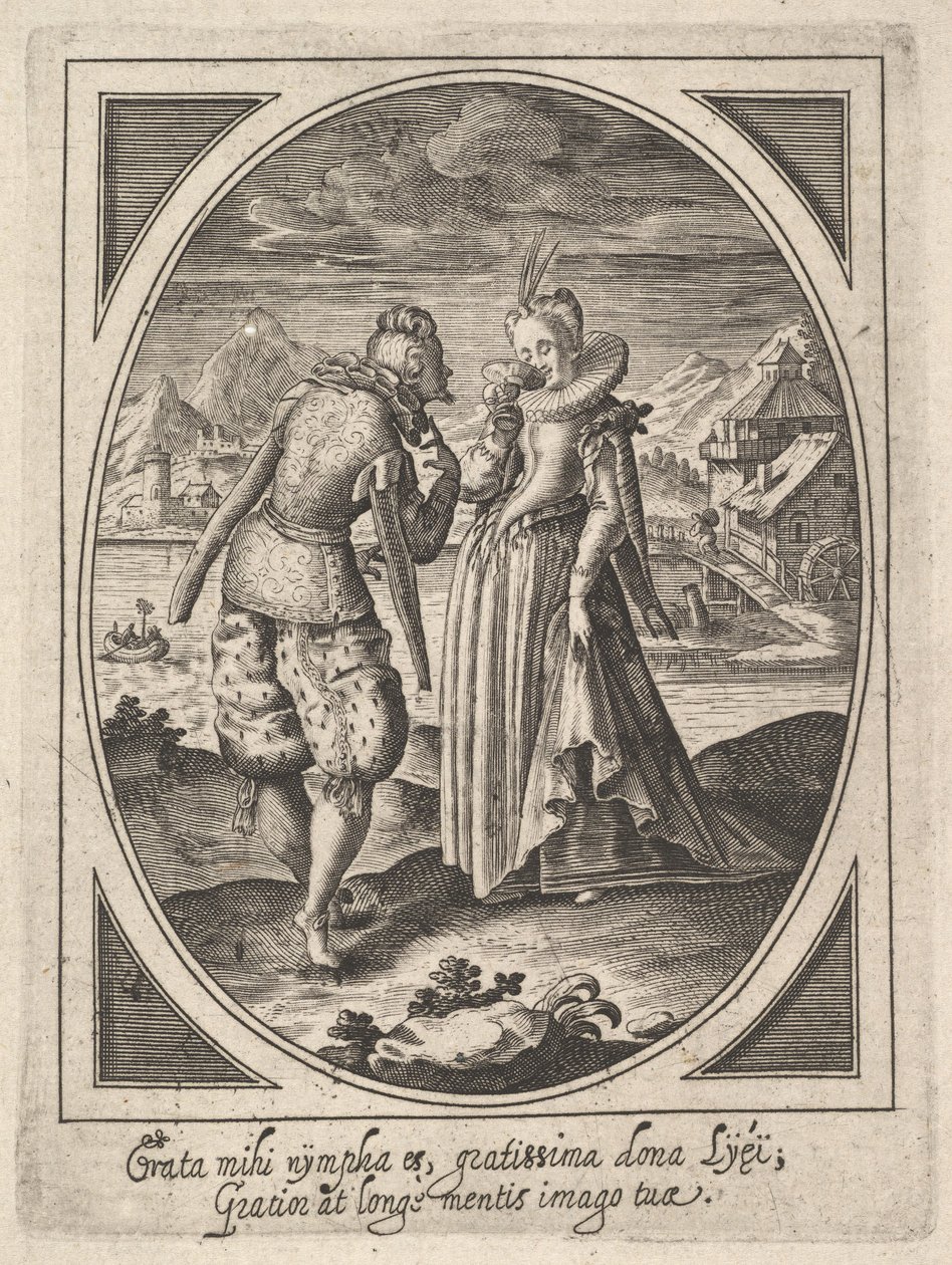 Egy férfi egy nő felé lép, aki serleget tart a szájához, vízimalmot és hegyet..., kb. 1585-1621. alkotó: Heinrich Ulrich