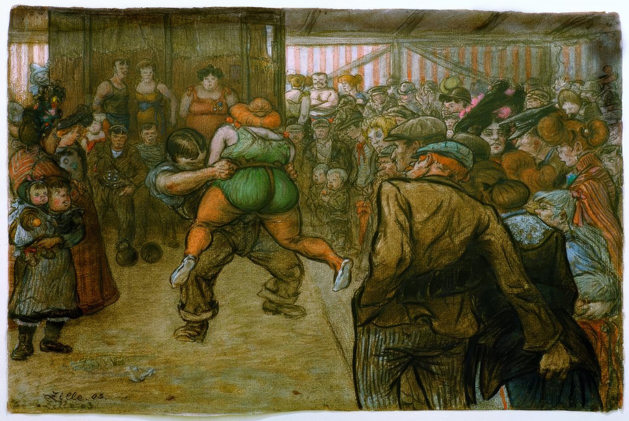 Birkózómérkőzés a bemutatófülkében alkotó: Heinrich Zille