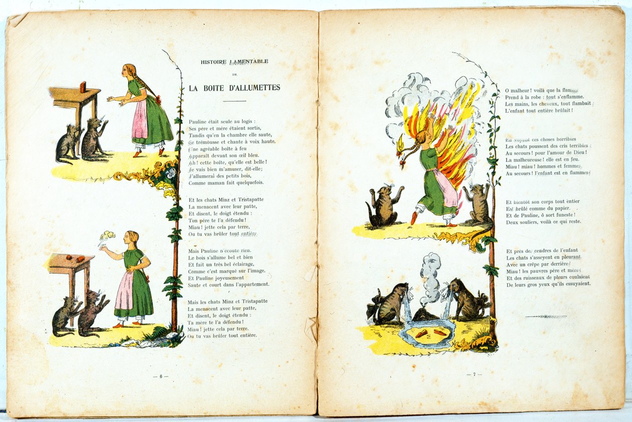 A gyufadoboz siralmas története, illusztráció Hoffmanns Struwwelpeter francia fordításából, Trim (Louis Gustave Ratisbonne, 1827-1900), 1850 körül alkotó: Heinrich Hoffmann