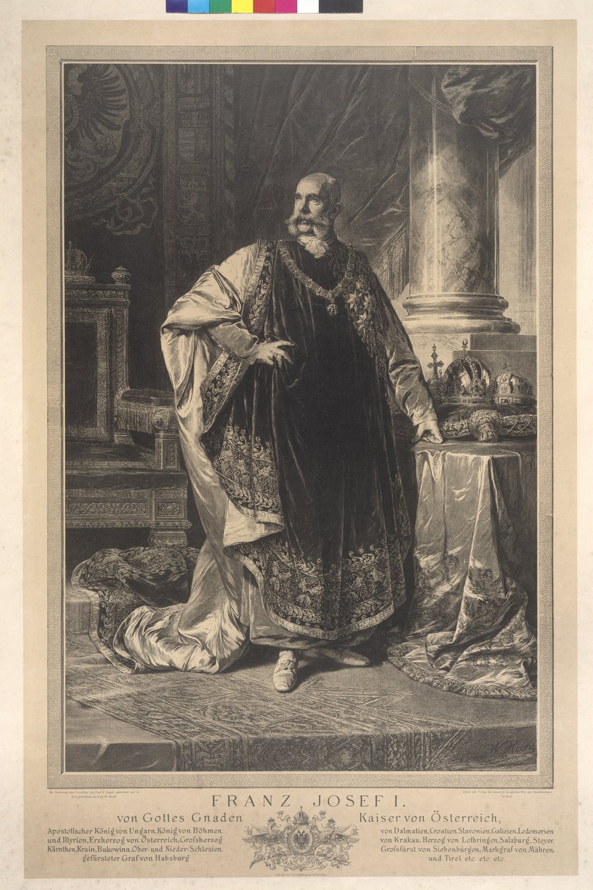 Egész alakos álló I. Ferenc József a gyapjas köntösben alkotó: Heinrich von Angeli