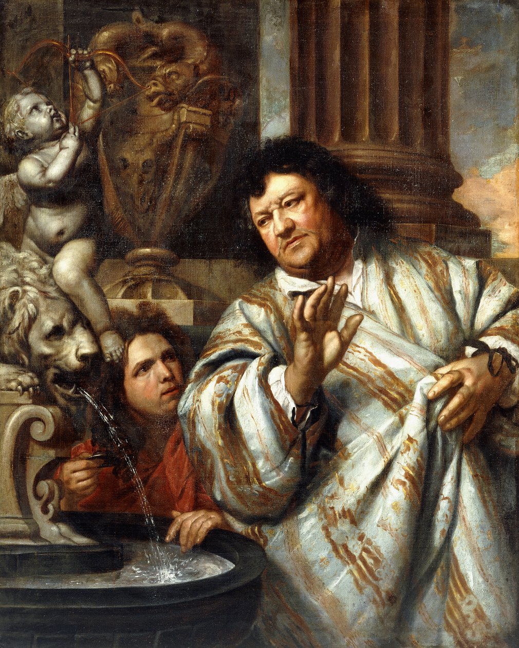 Cornelius Tromp admirális és egy kísérő portréja a szökőkút mellett alkotó: Heironymous Van Orley