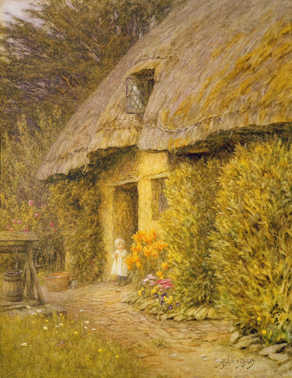 Egy gyermek egy tetőfedő házikó ajtajában alkotó: Helen Allingham