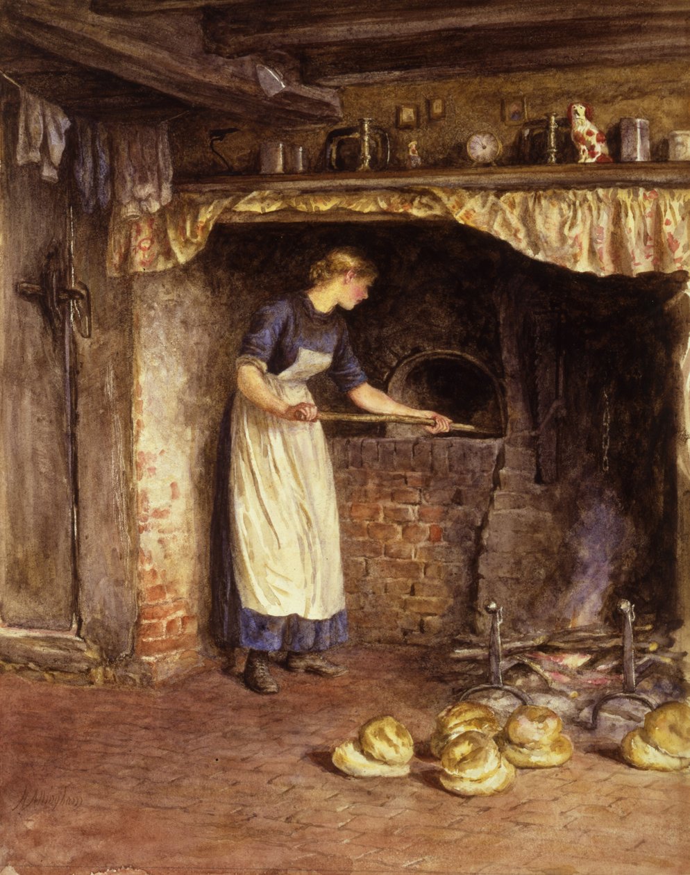 Kenyérsütés, 1882 körül (wc papíron) alkotó: Helen Allingham