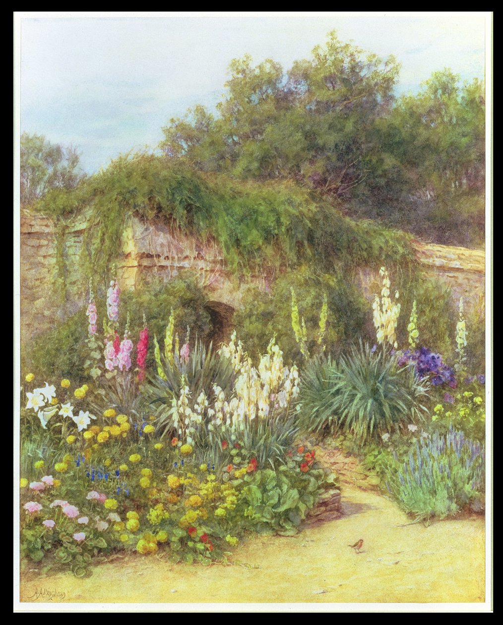 Munstead Wood Gardenben, Gertrude Jekyll kertjében, Godalmingban, Surreyben (ceruza és WC papíron) alkotó: Helen Allingham