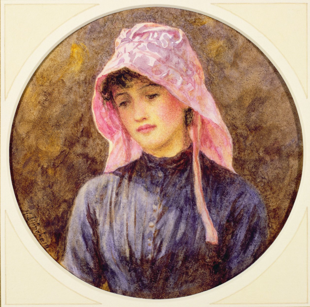 Rózsaszín motorháztetős lány portréja alkotó: Helen Allingham