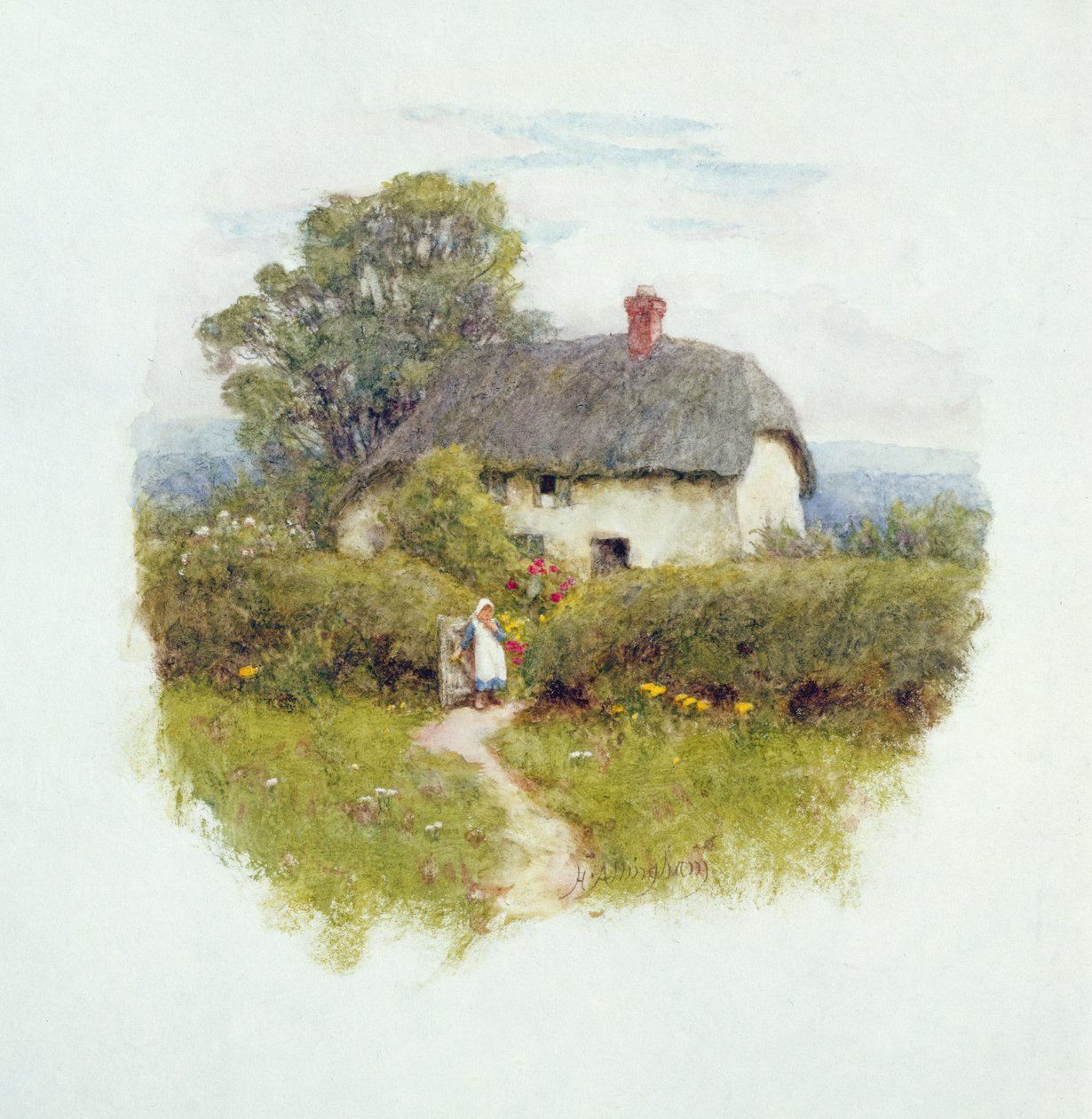Fiatal lány a házikó kapujánál (wc, papír) alkotó: Helen Allingham