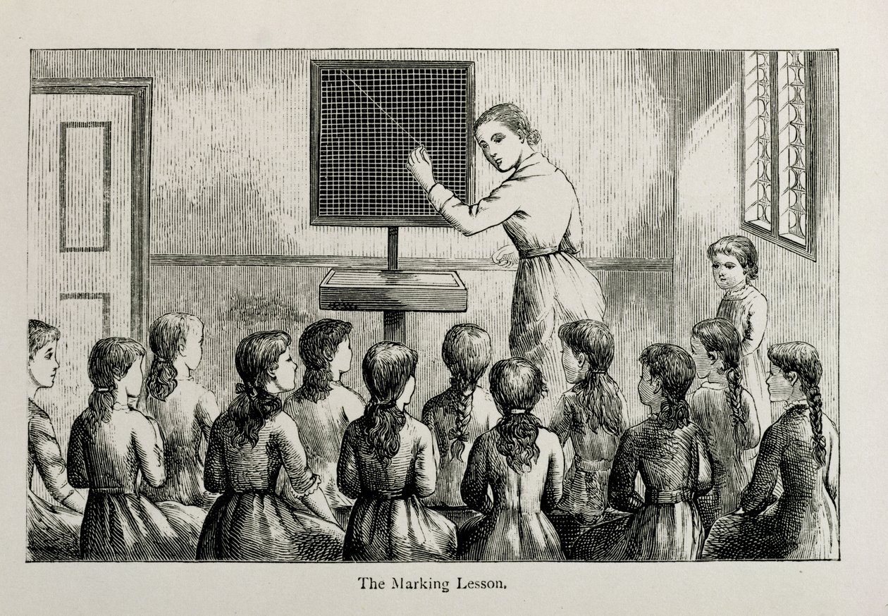 "A jelölési lecke", illusztráció az "A Manual of Collective Lessons in Plain Needlework and Knitting" című kézikönyvből, metszet: W.P. és R. Cheshire, pub. 1885 alkotó: Helen K. Brietzcke