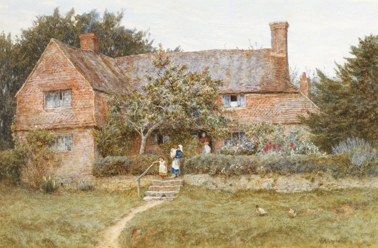 Surrey kunyhó egy anyával és gyermekeivel (akvarell karcolással) alkotó: Helen Allingham