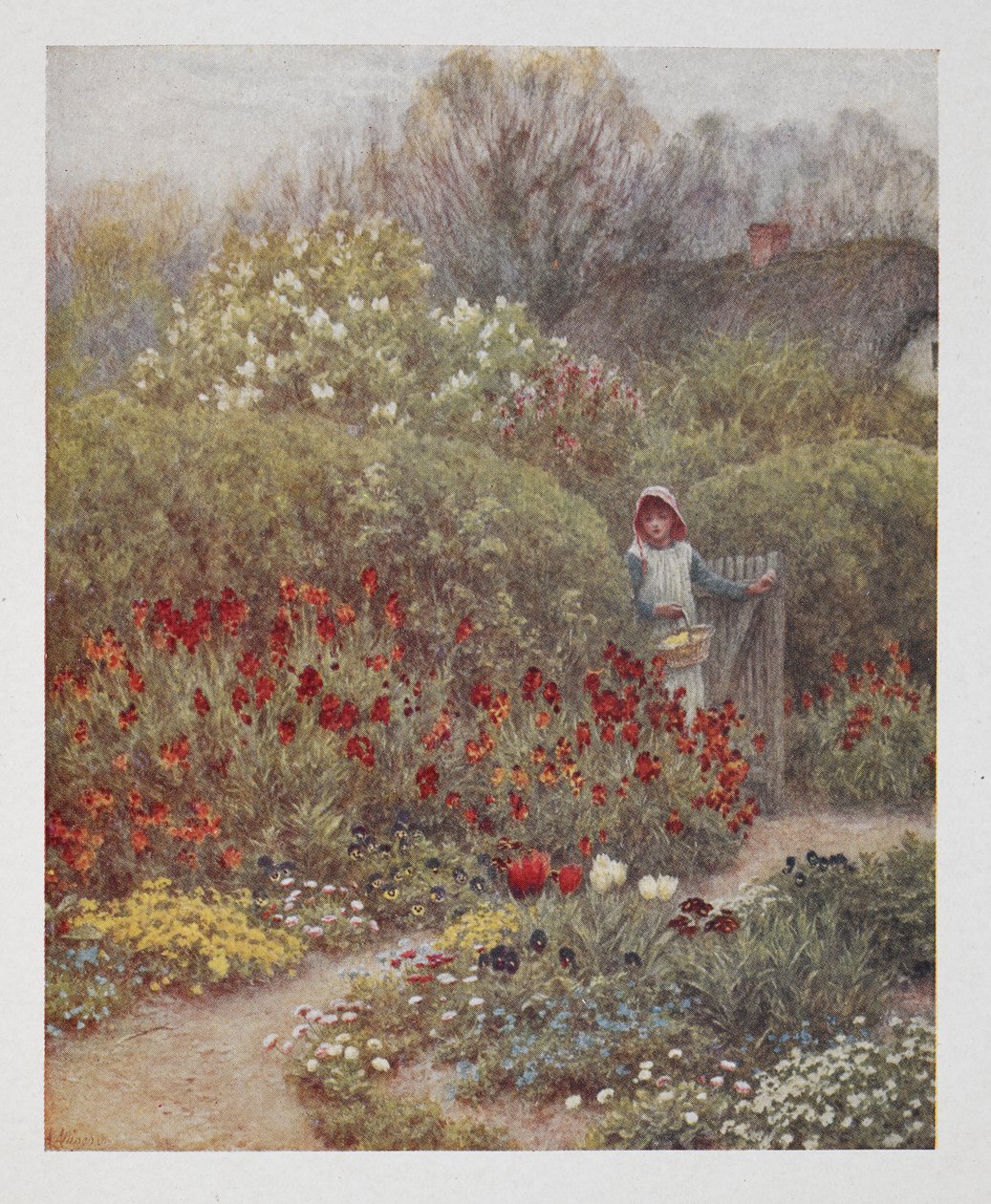 Egy nő, aki kaput nyit a kertbe, illusztráció a „Happy England” című művéből, Robert Huish (színes litó) alkotó: Helen Allingham