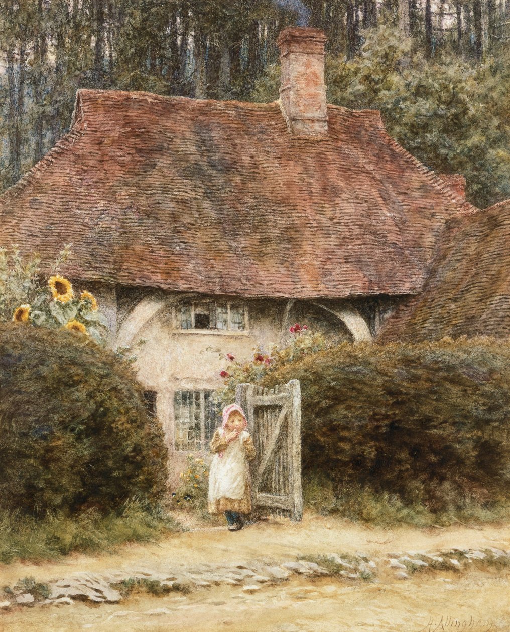 A házikó kapujánál (akvarell kikarcolással papírra) alkotó: Helen Allingham